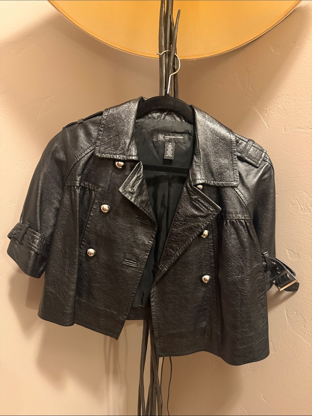 INC International Concepts Black Cropped Faux Leather Double-Breasted Jacket